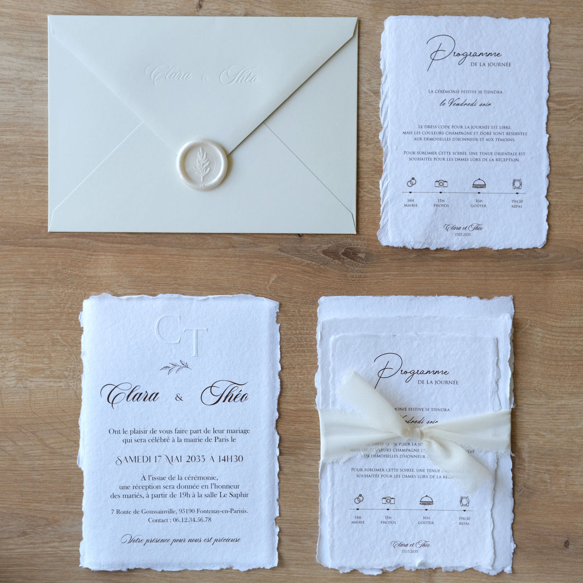 Ensemble de papeterie de mariage minimaliste en papier artisanal blanc avec enveloppe ivoire et sceau de cire assorti